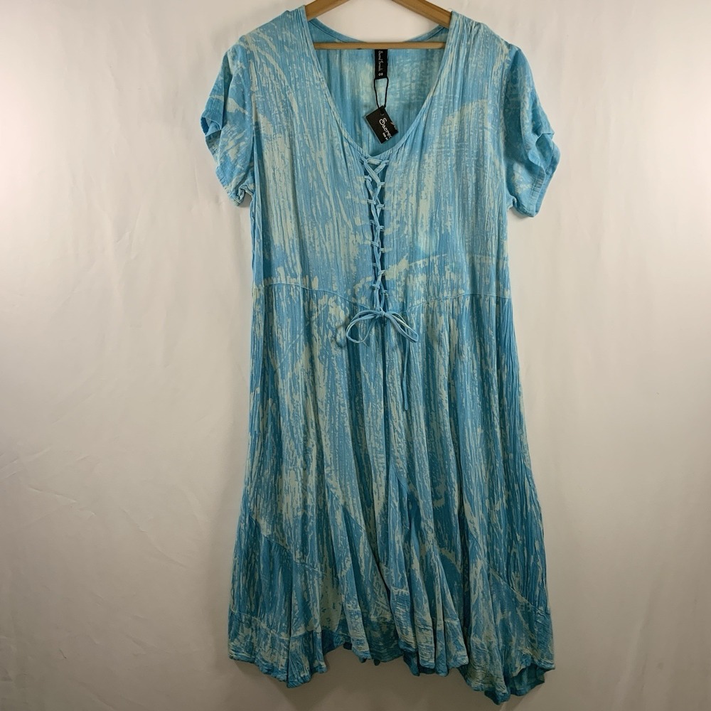 Sacred Threads Boho Lace Up Corset Midi Dress OS Blue Handkerchief Hem Festival